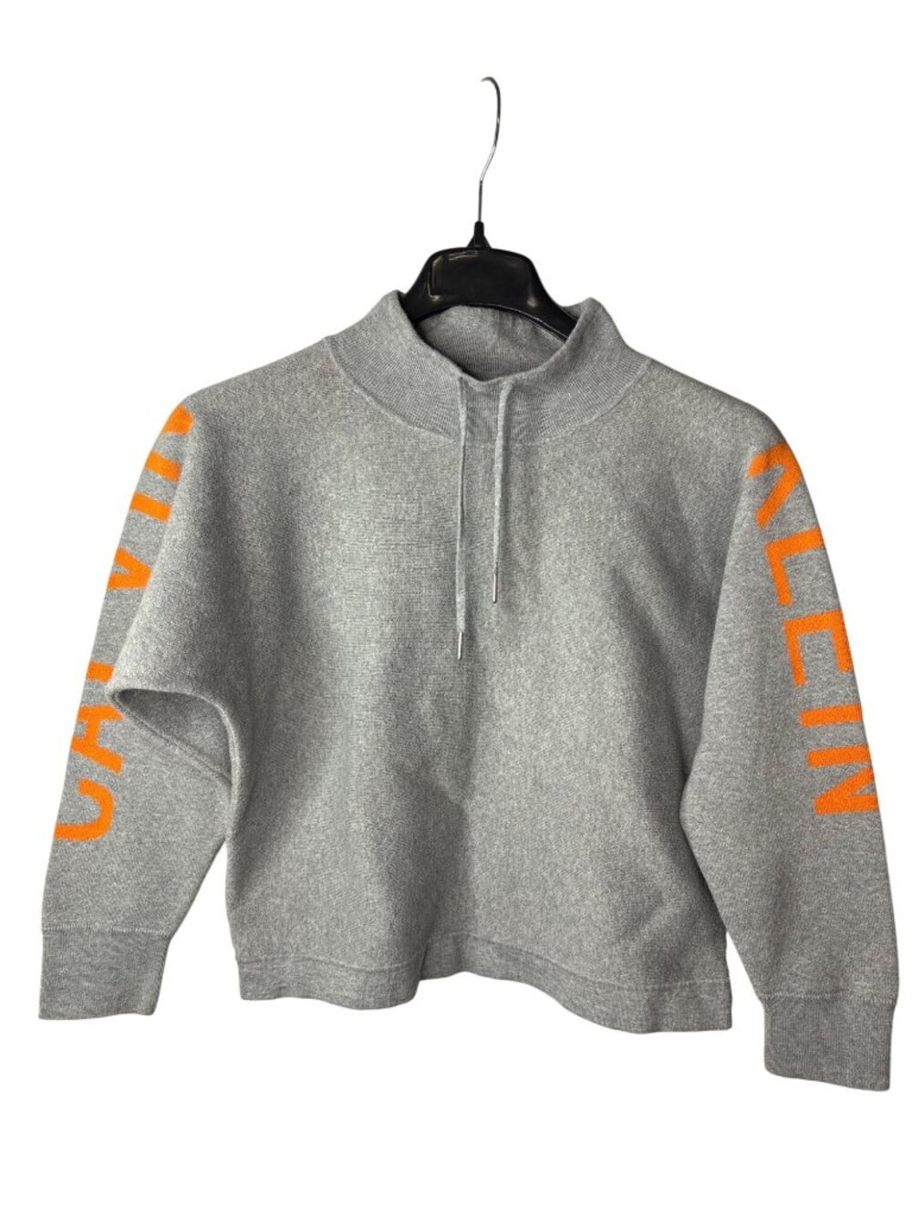 Calvin Klein Jeans Mock Neck Pullover Sweatshirt M Drawstring Grey Orange Cotton
